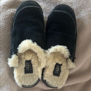UGG Black and Cream Shearling Slip-Ons